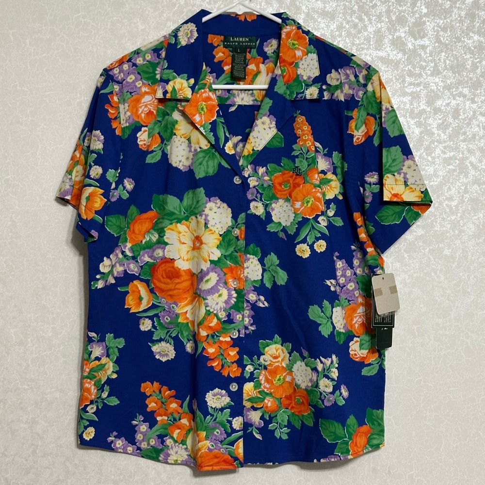 Lauren Ralph Lauren Floral Button Up 100% Cotton Camp Collar Preppy Blue NWT L